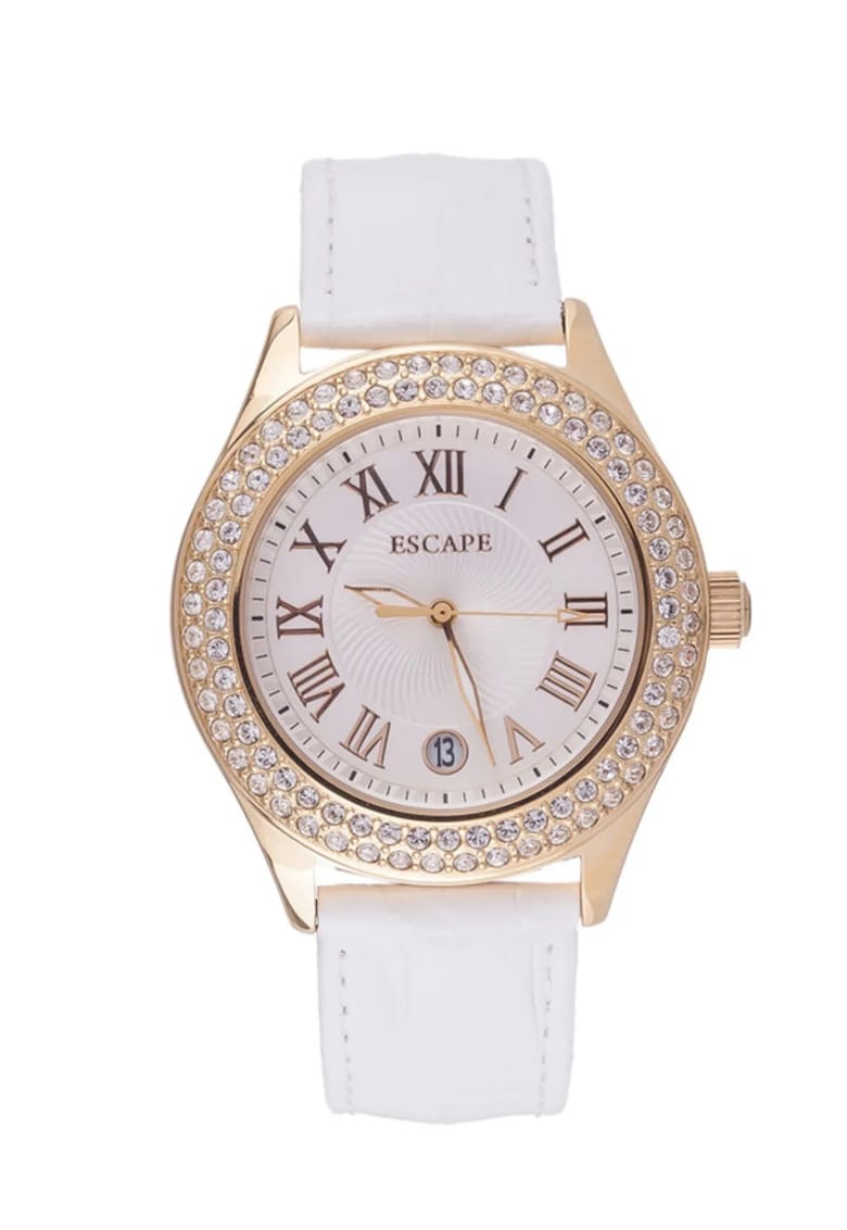 Ceas dama curea piele ecologica alba - carcasa otel auriu - 40mm - rezistenta la apa 5 ATM Ceas dama curea piele ecologica alba - carcasa otel auriu - 40mm - rezistenta la apa 5 ATM