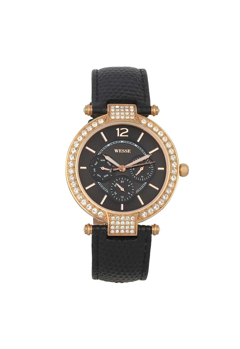 Ceas dama WWL100307 - curea piele ecologica neagra - carcasa otel auriu - rezistenta la apa 5 ATM - diametru 38x38mm