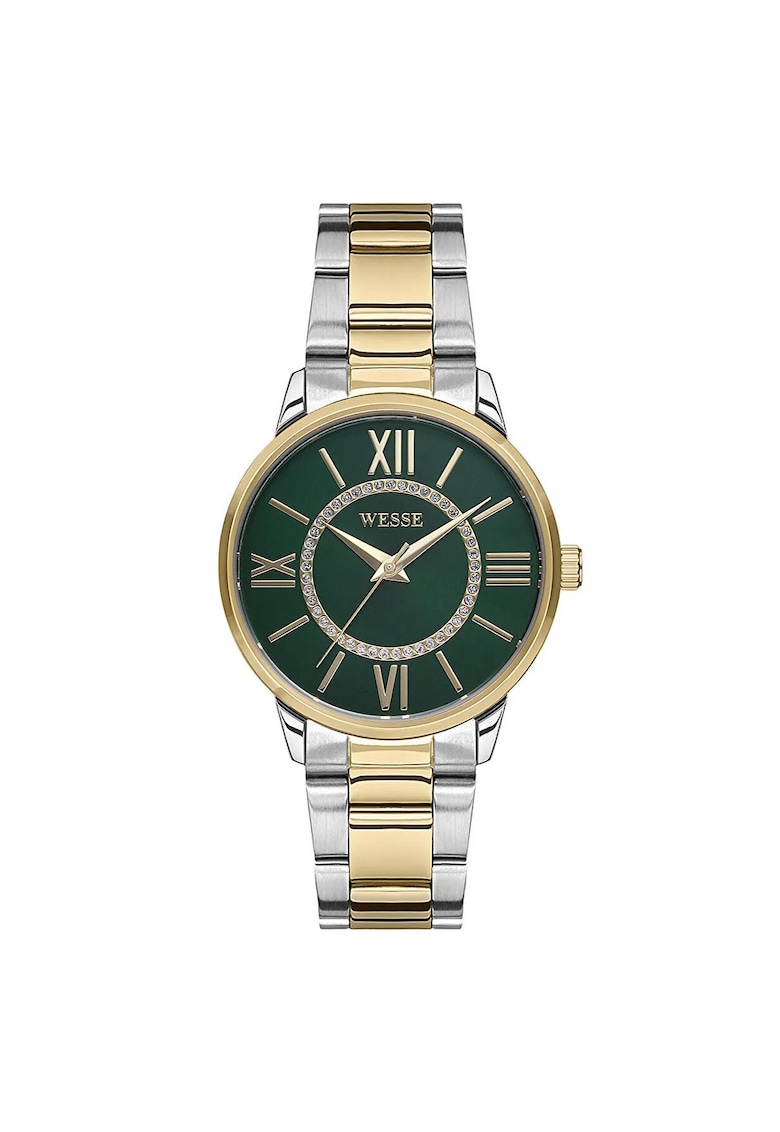 Ceas dama 36 mm - curea otel aurie - cadran verde - rezistent la apa 5 ATM