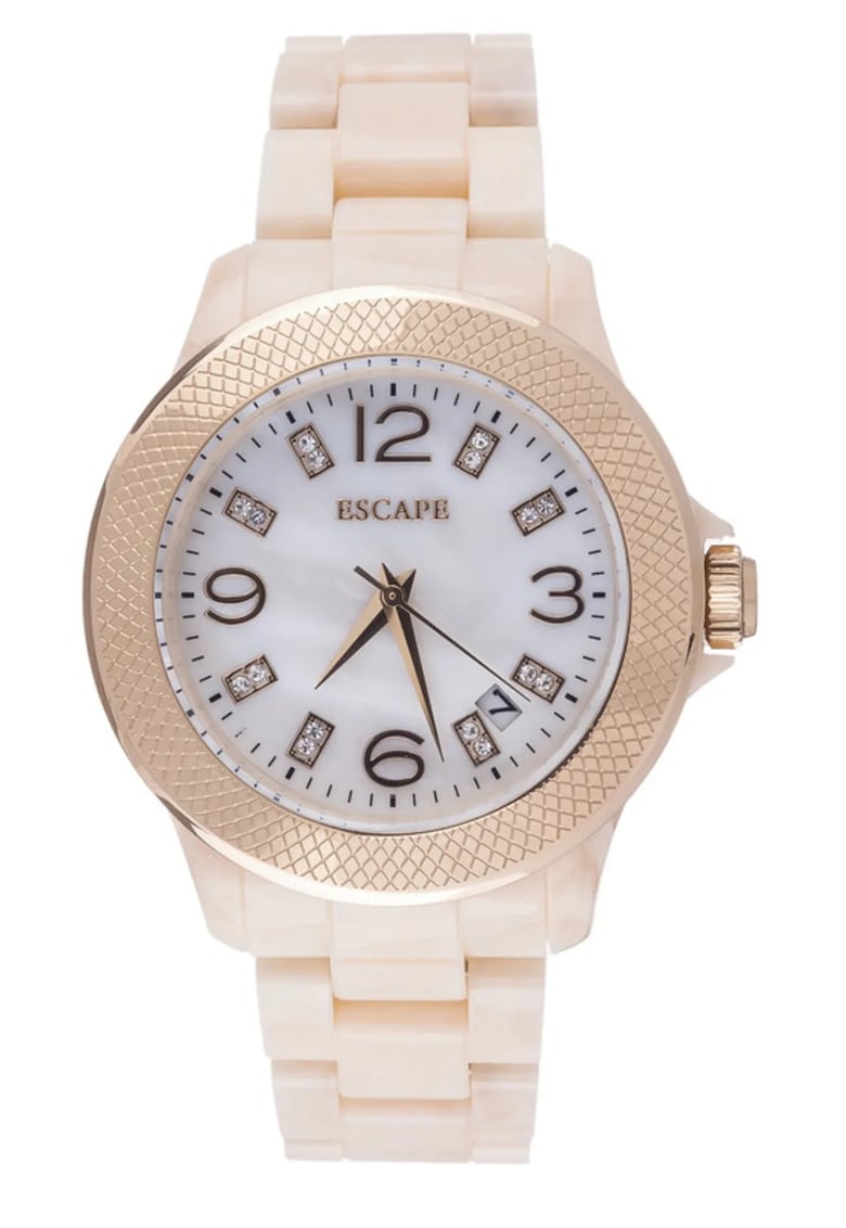 Ceas dama 40 mm - curea plastic bej - carcasa aurie - cadran alb - rezistenta la apa 5 ATM Ceas dama 40 mm - curea plastic bej - carcasa aurie - cadran alb - rezistenta la apa 5 ATM