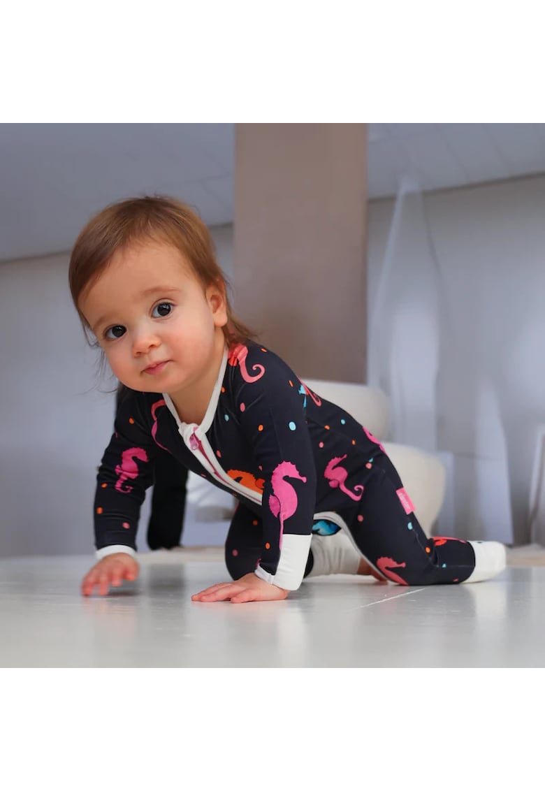 Pijamale lungi din bambus cu fermoar reversibil - - SeaHorse - Bleumarin cu caluti de mare Multicolori - pentru fetite