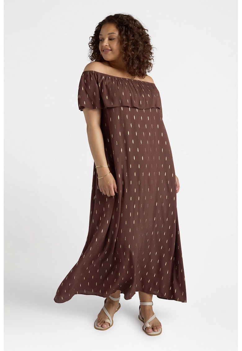 Rochie midi cu decolteu pe umeri - Maro inchis/Galben