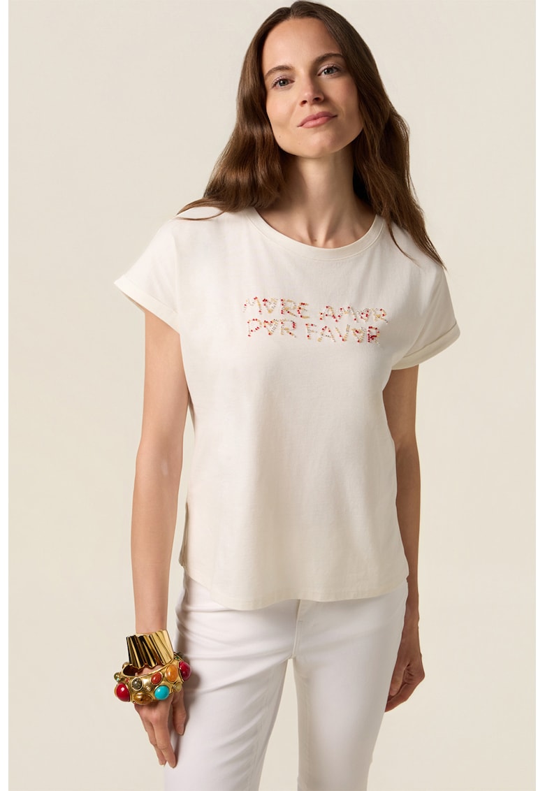 Tricou cu margele - Alb fildes