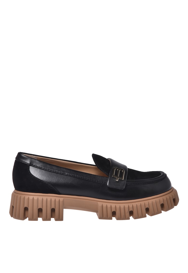 Pantofi loafer din piele cu talpa demi-wedge si detaliu cu logo metalic