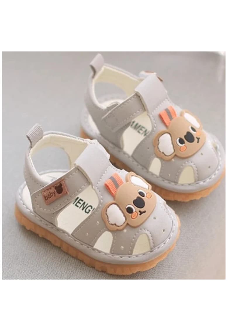 Sandale Cu Piuitoare - Model Ursuletul Coala - Piele Ecologica - Velcro - Baieti - Gri - Gri