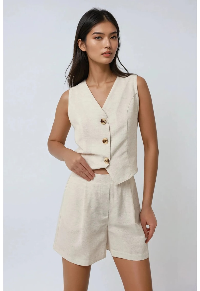 Set doua piese - vesta cu decolteu in V si pantaloni scurti - bej - bumbac