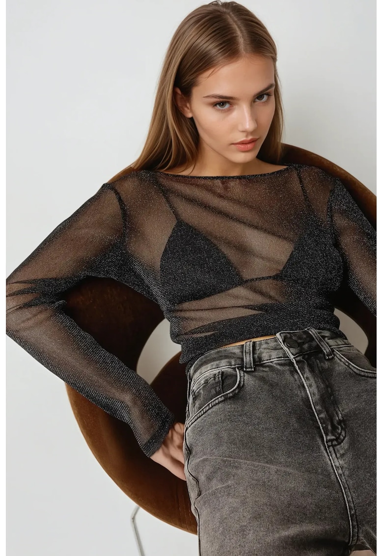 Bluza transparenta cu maneci lungi  slim fit - neagra