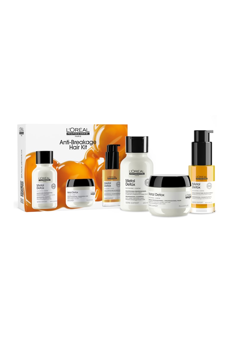 Set Travel Size L'Oréal Professionnel Expert Metal Detox pentru curatarea metalelor din par - pentru toate tipurile de par - impotriva ruperii parului & mentine culoarea - Sampon 100ml + Masca 75ml + Ulei 30ml