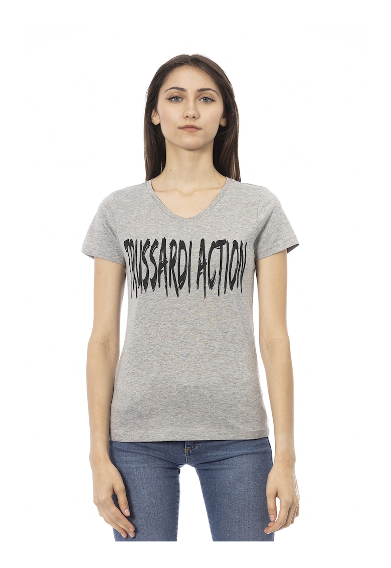 Tricou cu decolteu in V si logo - Gri