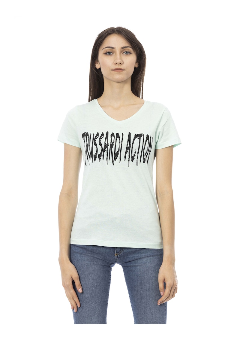 Tricou cu decolteu in V si logo - Verde pal