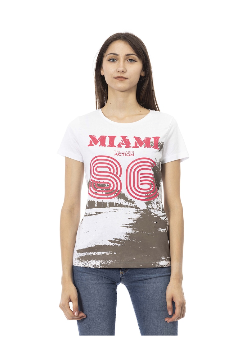 Tricou slim-fit cu design si decolteu rotund - Alb