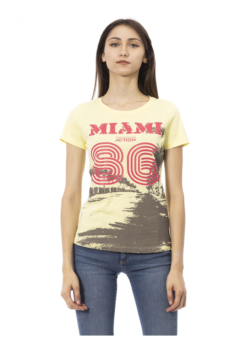 Tricou slim-fit cu design si decolteu rotund - Galben