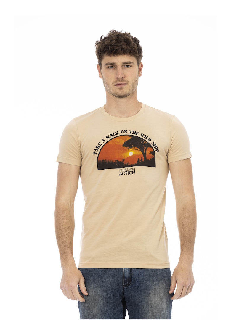 Tricou slim-fit cu decolteu la baza gatului si design - Bej inchis