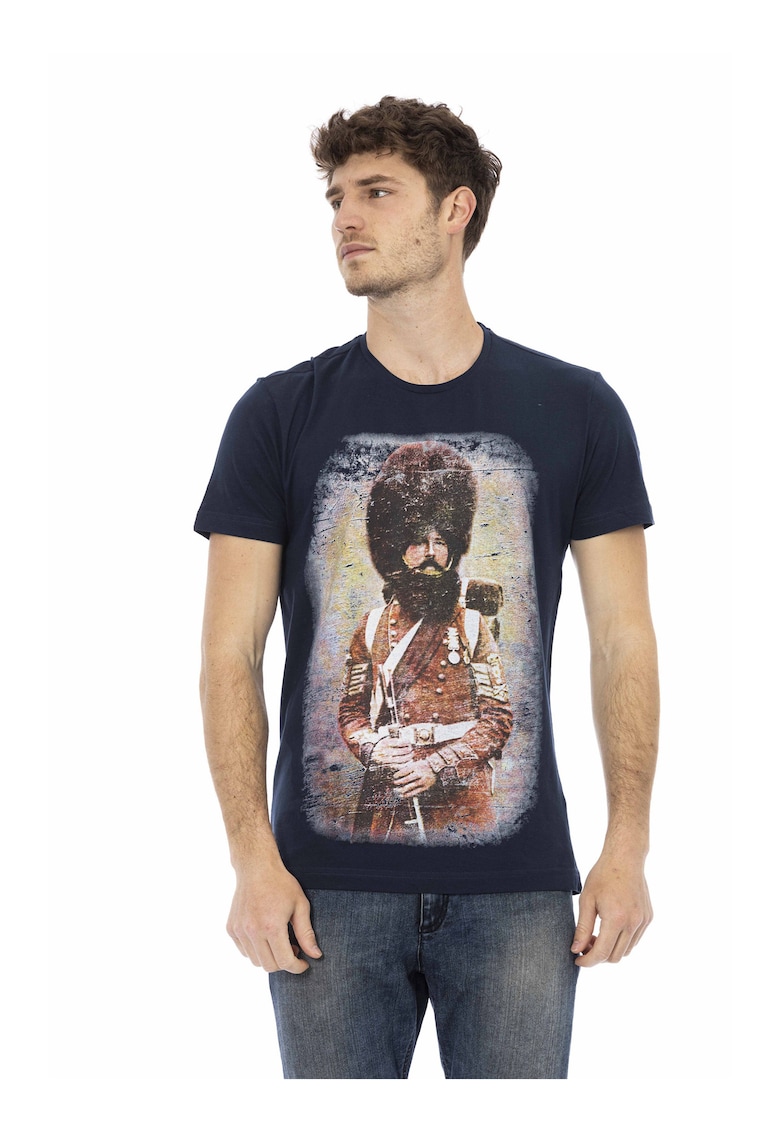 Tricou cu decolteu la baza gatului si imprimeu grafic - Albastru inchis
