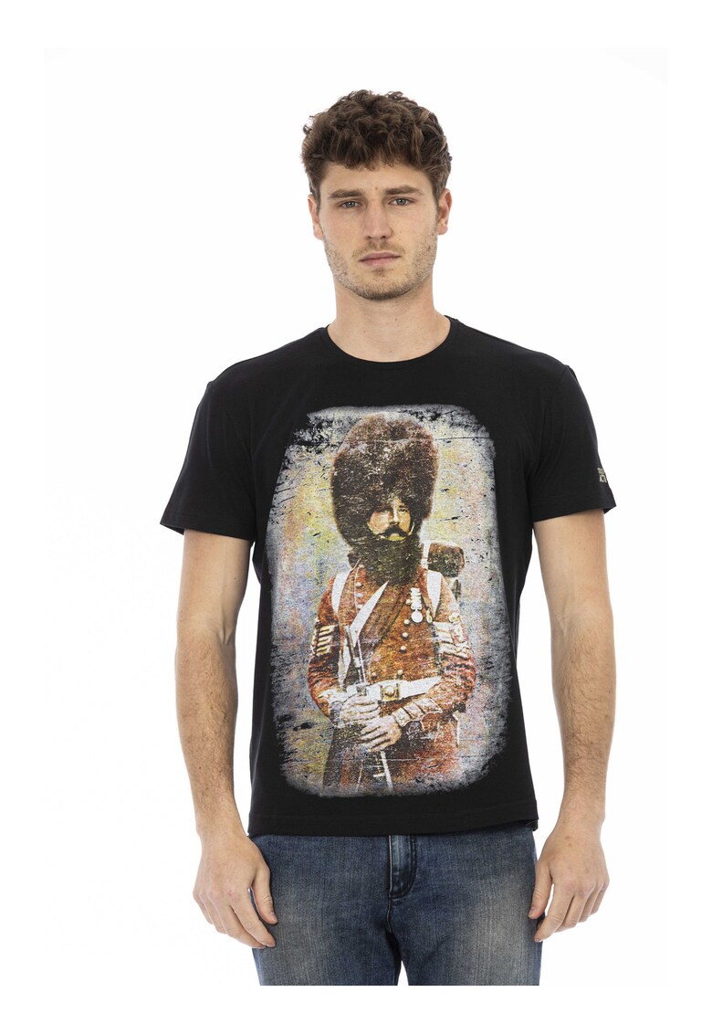 Tricou cu decolteu la baza gatului si imprimeu grafic - Negru