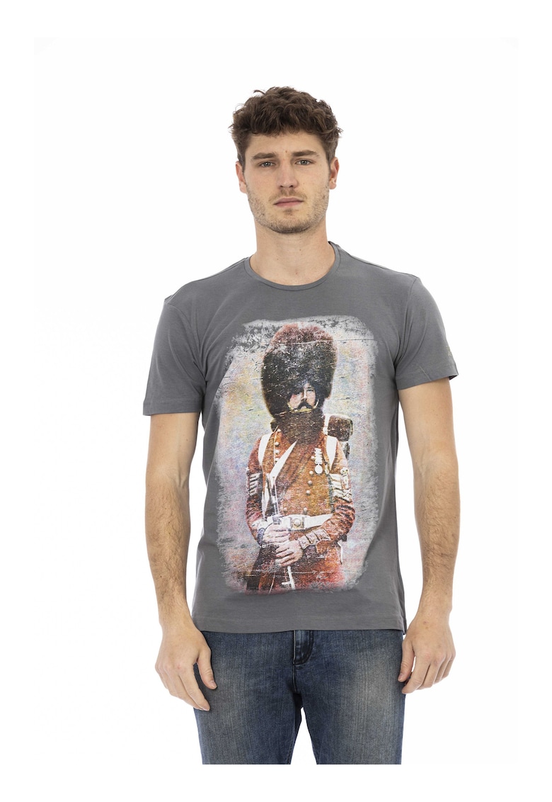 Tricou cu decolteu la baza gatului si imprimeu grafic - Gri