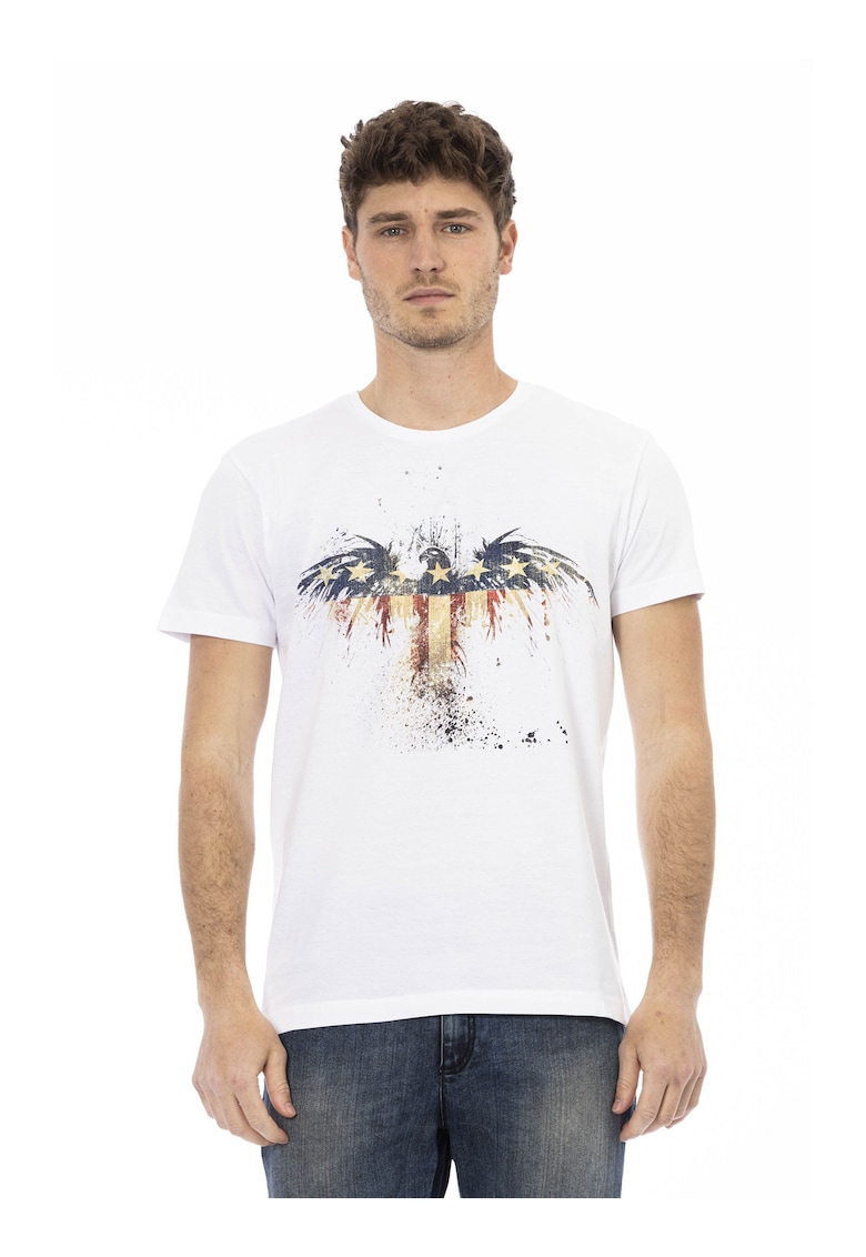 Tricou cu decolteu la baza gatului si imprimeu grafic - Alb