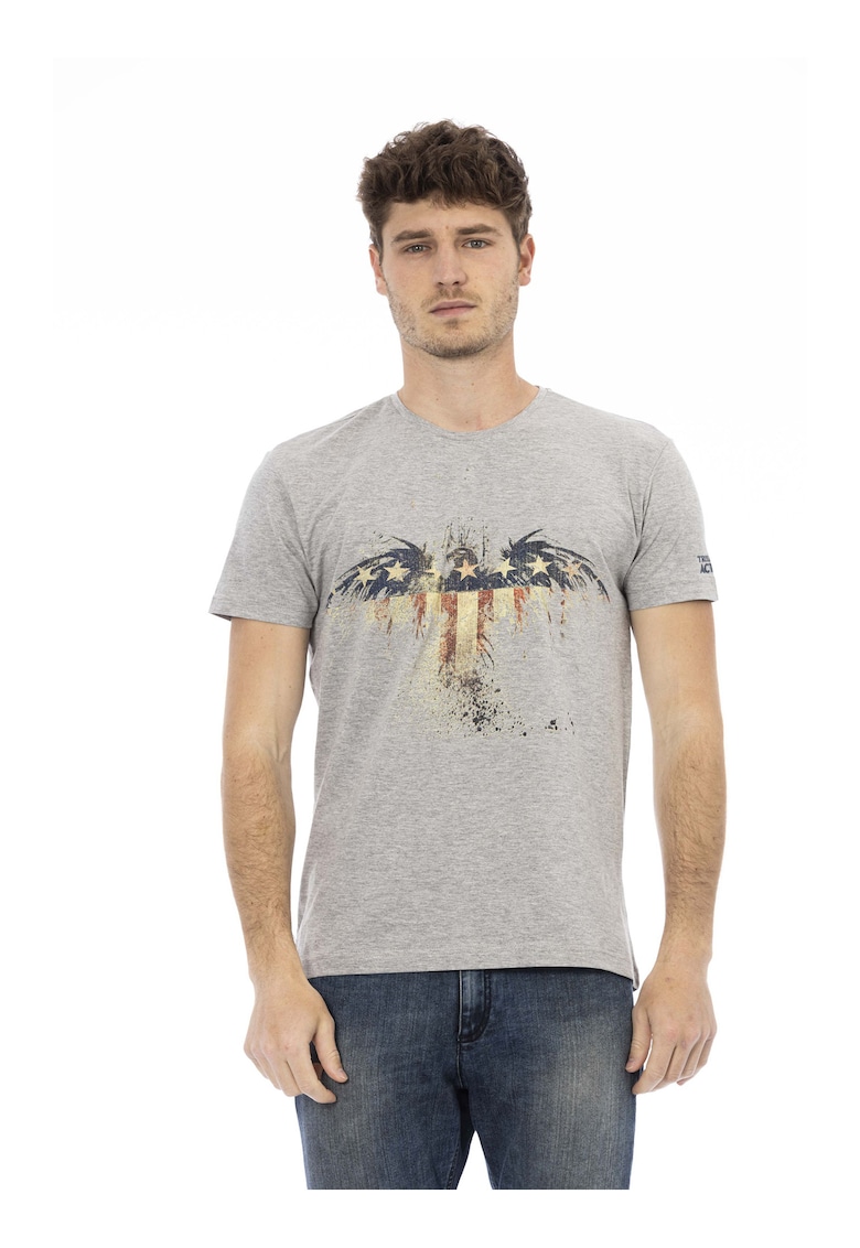 Tricou cu decolteu la baza gatului si imprimeu grafic - Gri