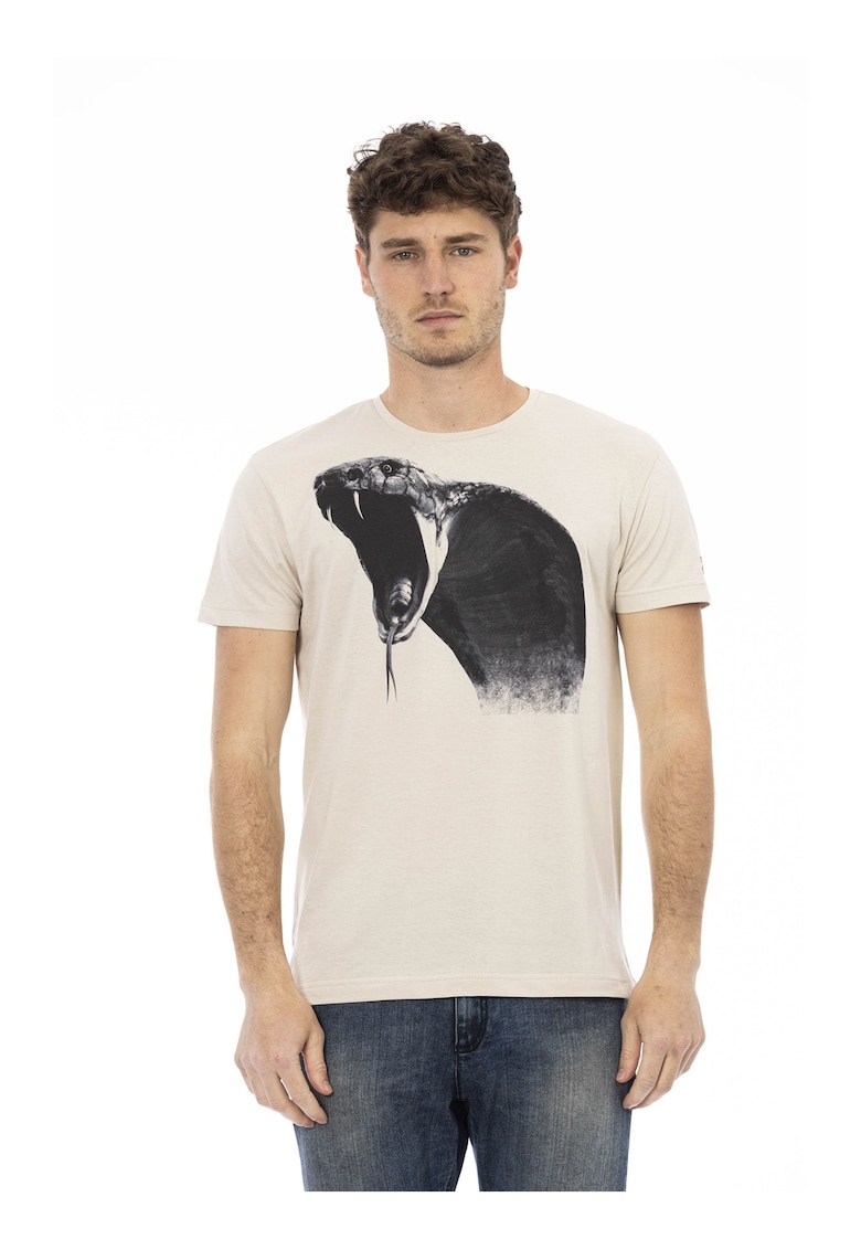 Tricou cu decolteu la baza gatului si imprimeu grafic - Bej inchis