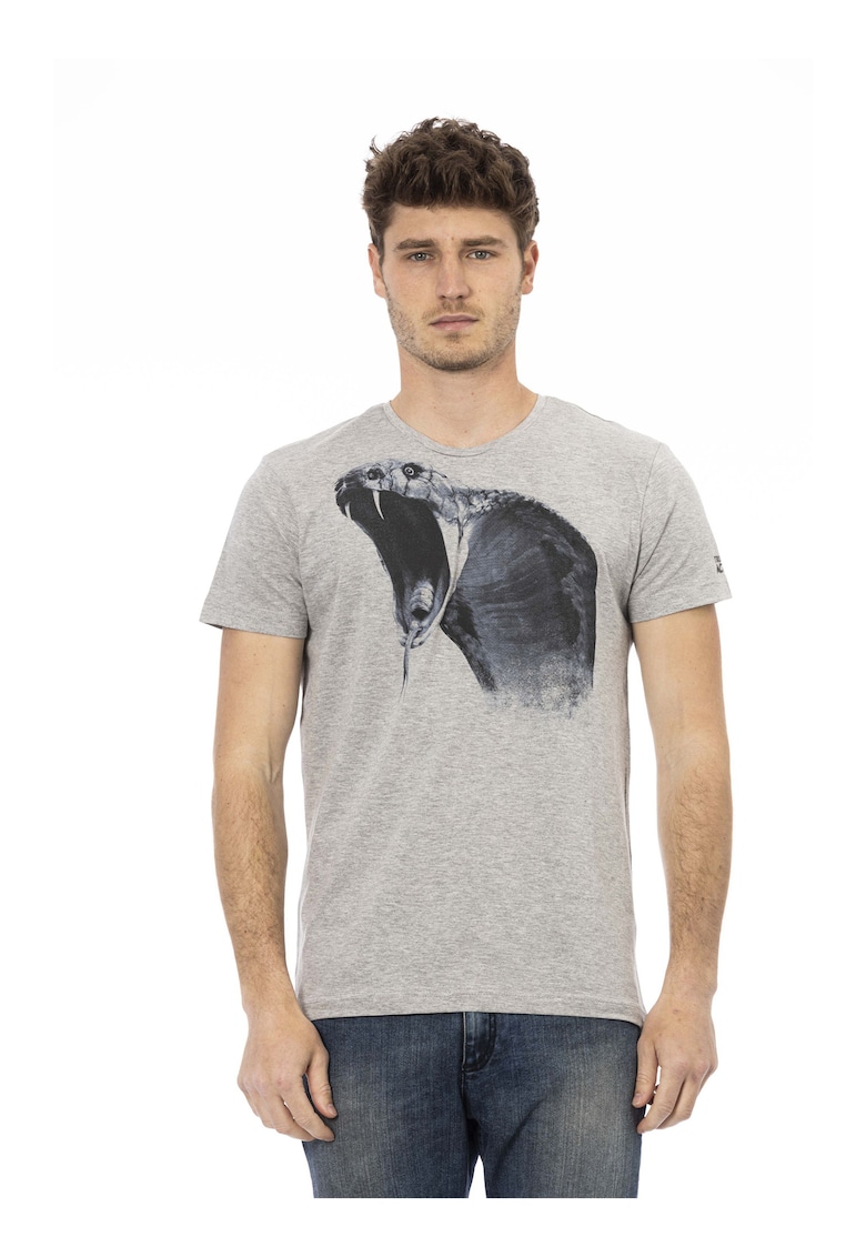 Tricou cu decolteu la baza gatului si imprimeu grafic - Gri