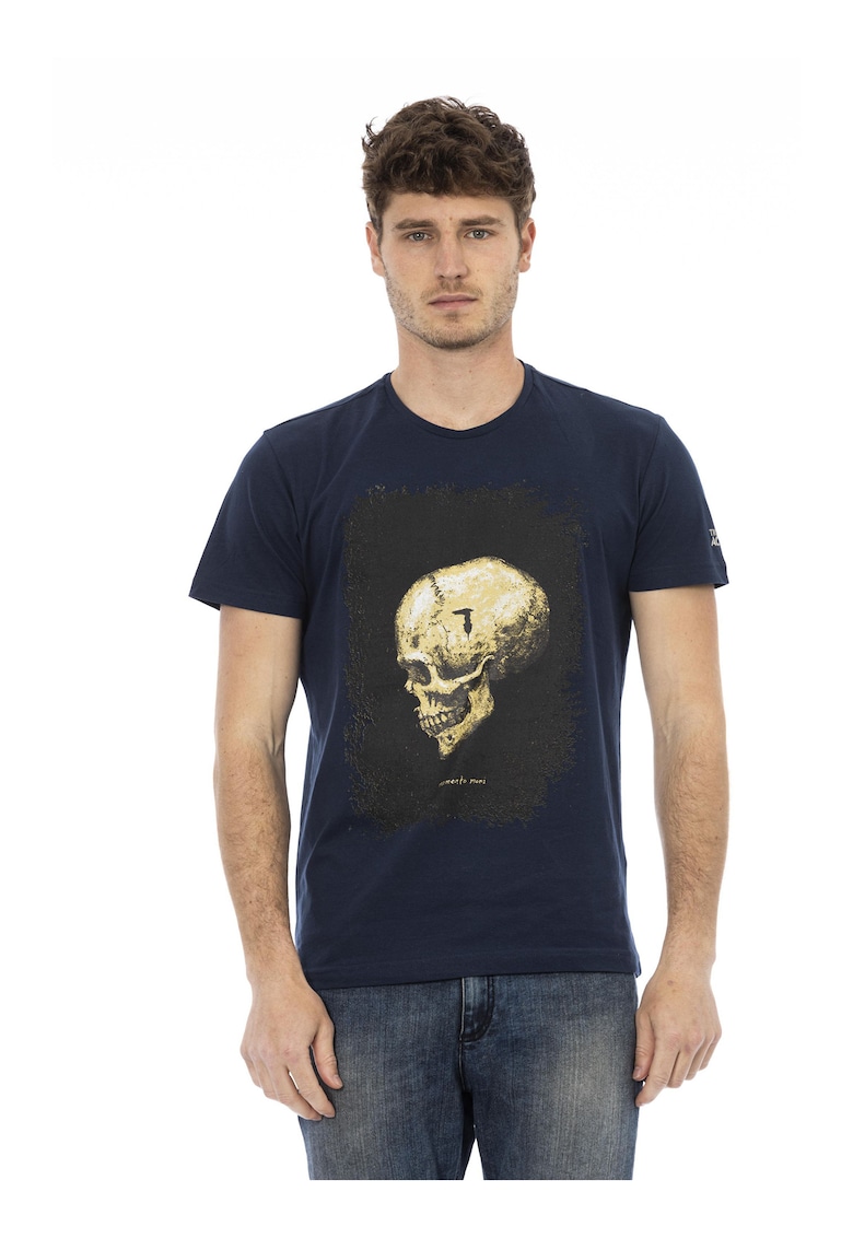 Tricou cu decolteu la baza gatului si imprimeu - Albastru inchis