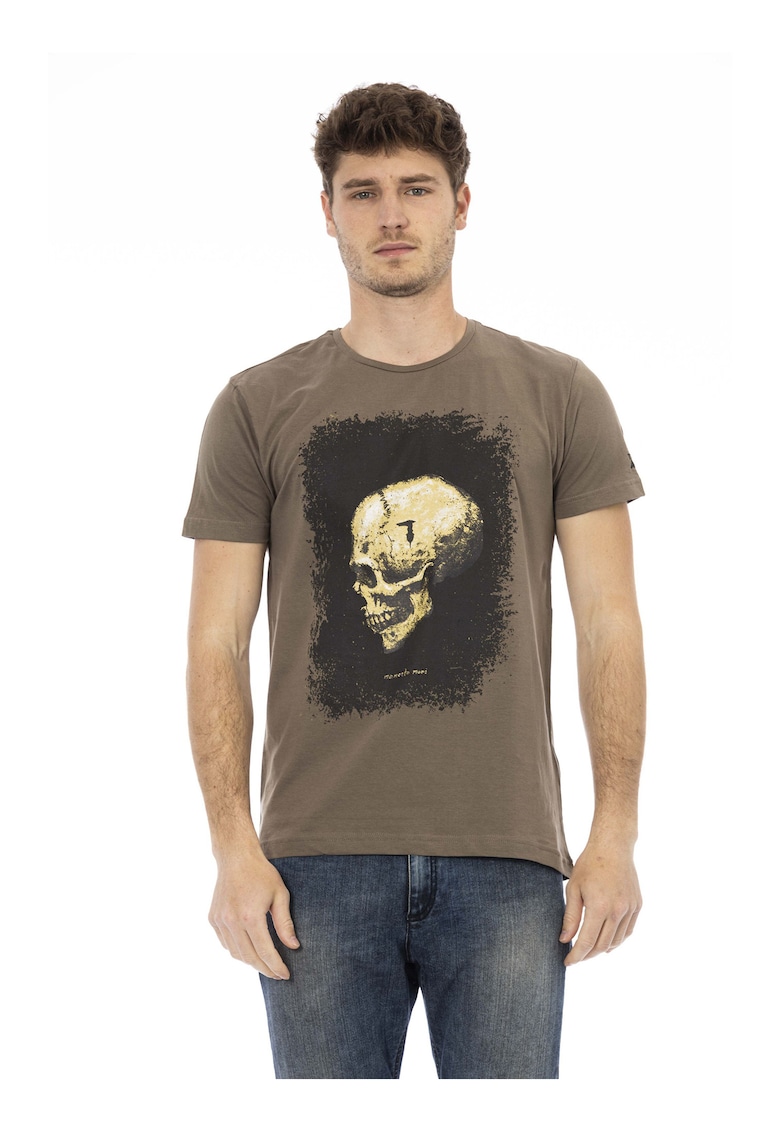 Tricou cu decolteu la baza gatului si imprimeu - Maro inchis