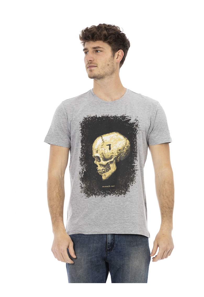 Tricou cu decolteu la baza gatului si imprimeu - Gri