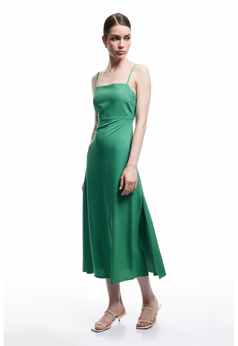 Rochie midi evazata din amestec de in - Verde aquamarin
