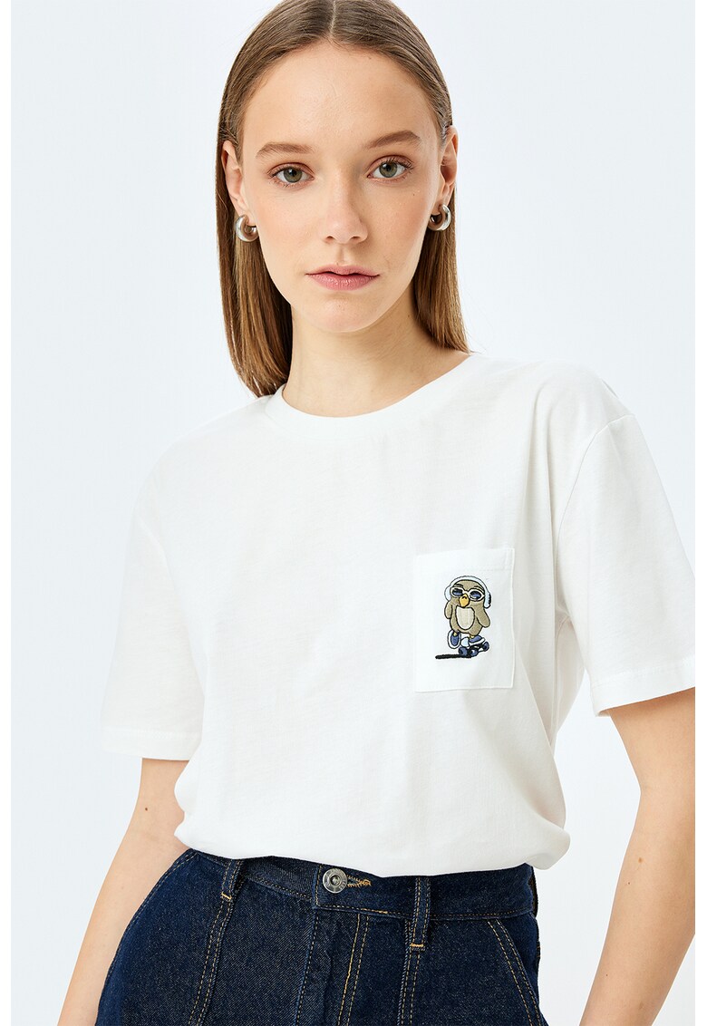 Tricou cu broderie - Alb/Albastru/Verde sparanghel