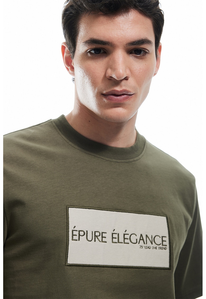 Tricou cu decolteu la baza gatului si imprimeu text - Kaki