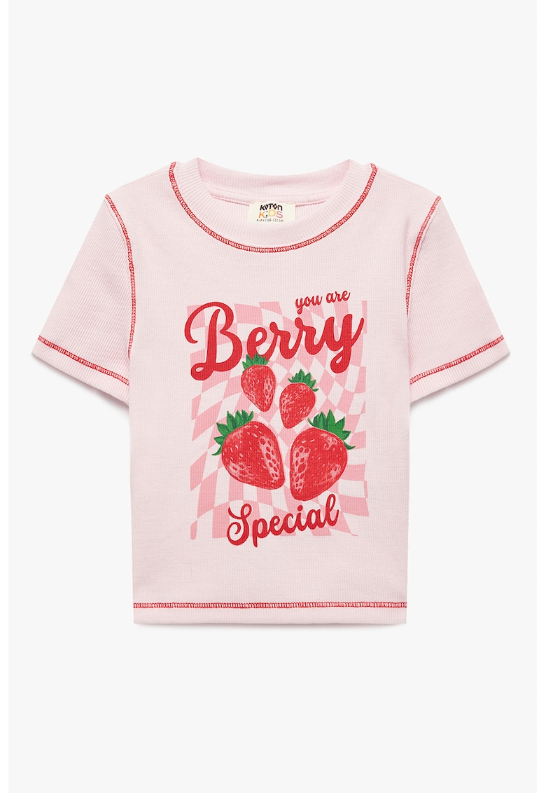 Tricou cu decolteu la baza gatului si imprimeu grafic - Rosu/Roz deschis