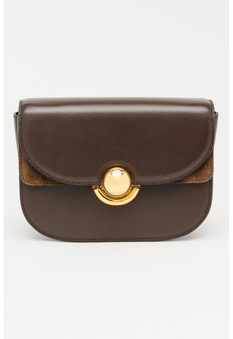 Geanta crossbody de piele cu clapa - Maro inchis