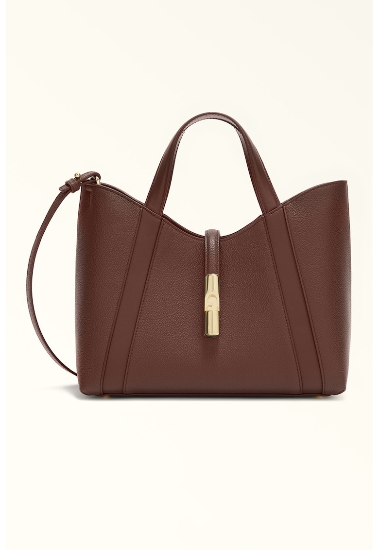 Geanta shopper de piele cu bareta detasabila texturat - Maro cognac