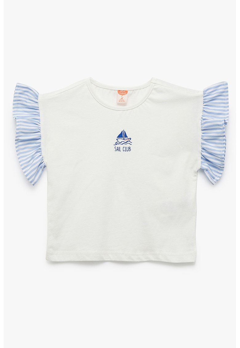 Tricou cu maneci cu volane - Alb murdar/Albastru deschis