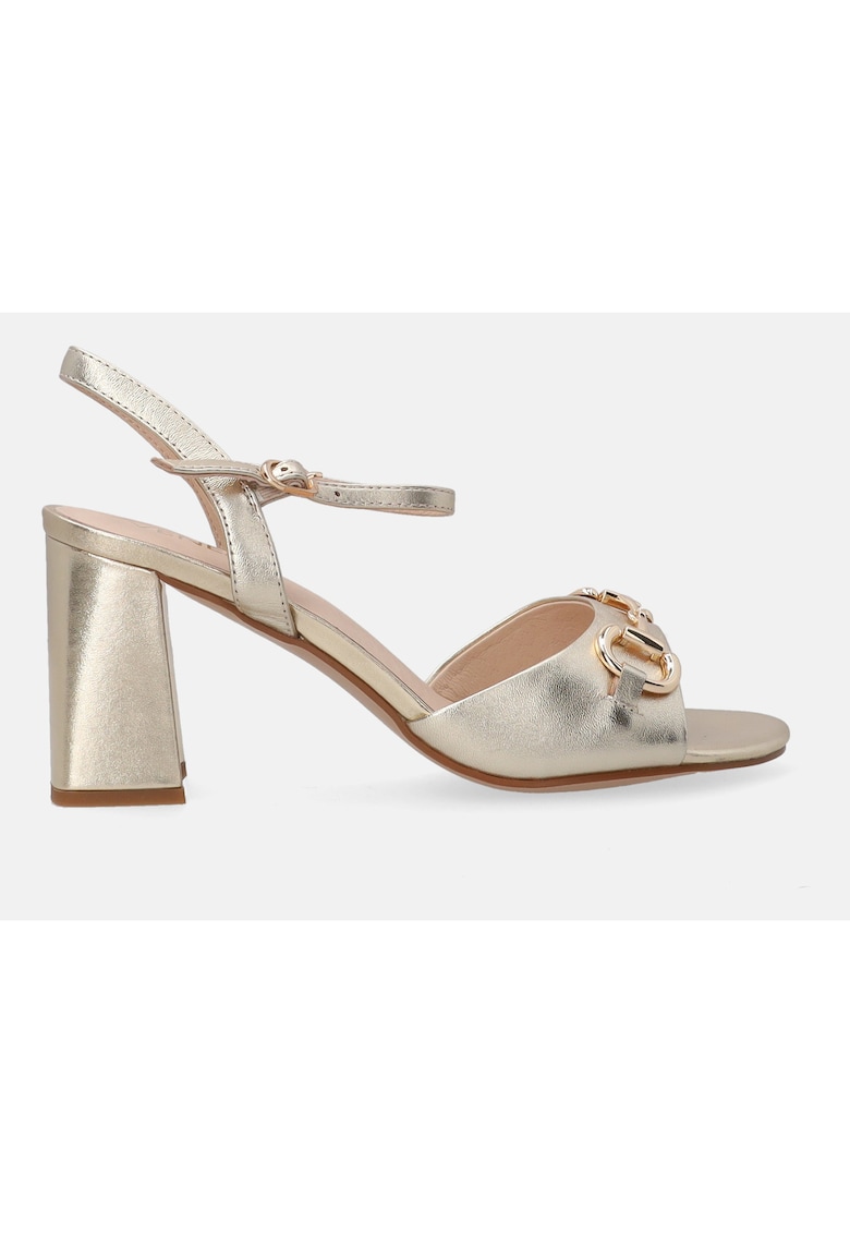 Sandale Din Piele Cu Toc Masiv Si Detaliu Metalic