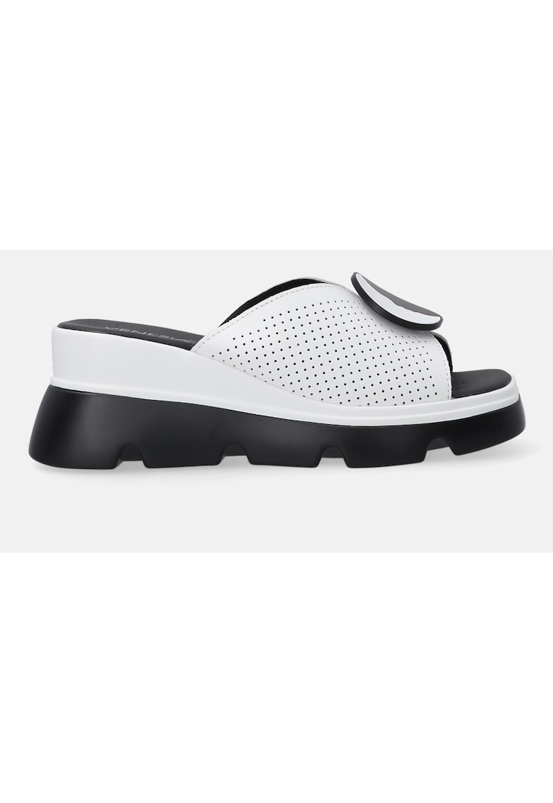 Papuci din piele cu talpa wedge si detalii perforate