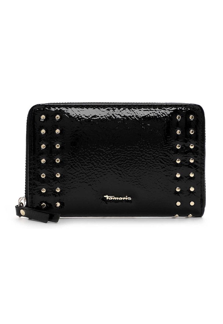 Portofel din piele ecologica cu aplicatii metalice decorative si fermoar