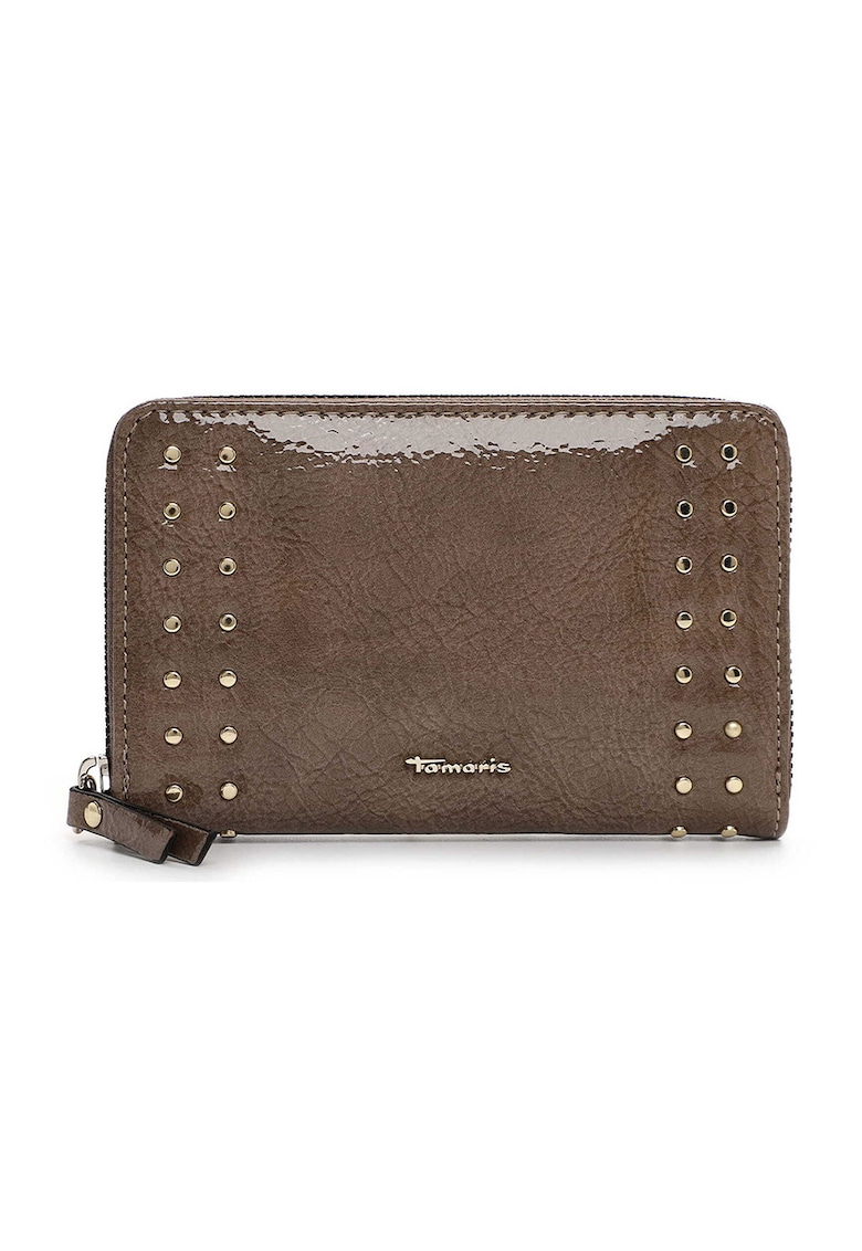 Portofel din piele ecologica cu aplicatii metalice decorative si fermoar