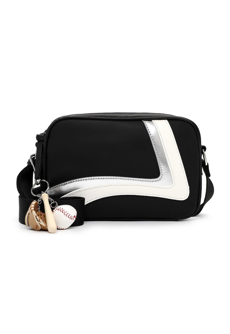 Geanta crossbody cu garnituri din material sintetic - Negru/Argintiu