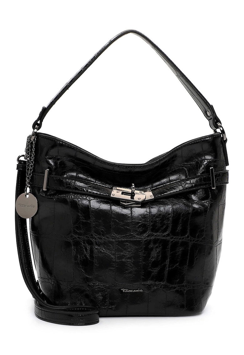 Geanta cu maner si aspect lacuit - Negru stins