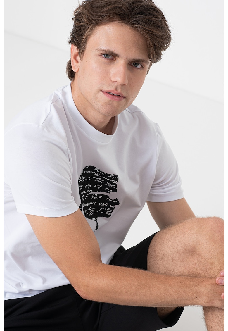 Tricou cu decolteu la baza gatului si imprimeu logo - Alb/Negru