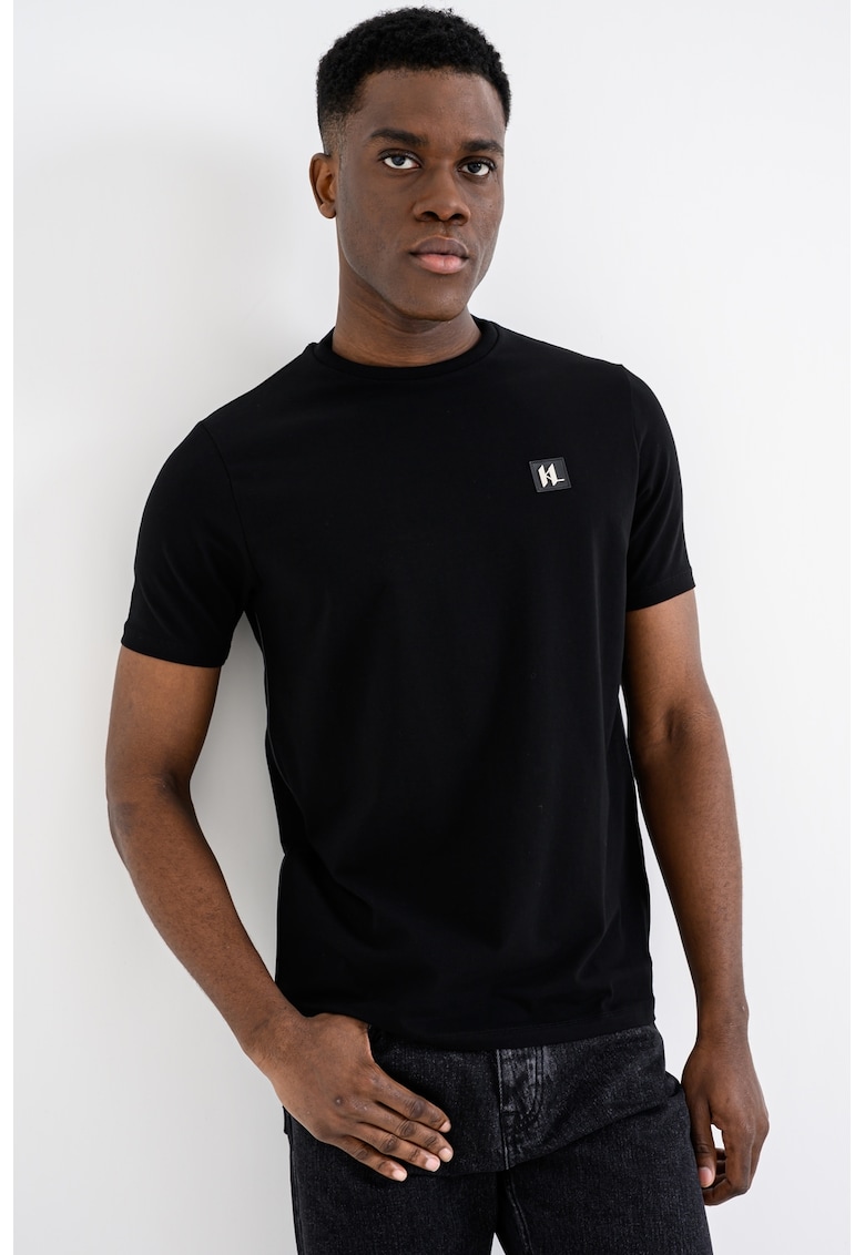 Tricou din amestec de bumbac cu decolteu la baza gatului - Negru
