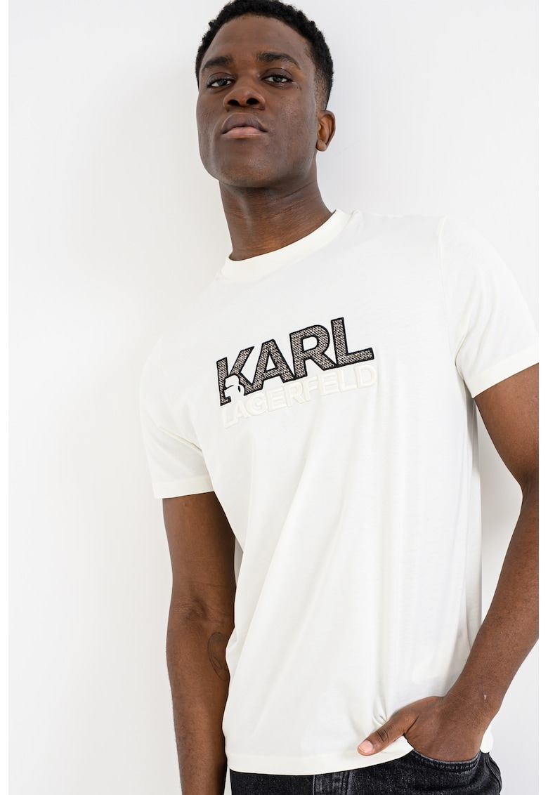 Tricou din bumbac cu logo - Alb fildes/Maro