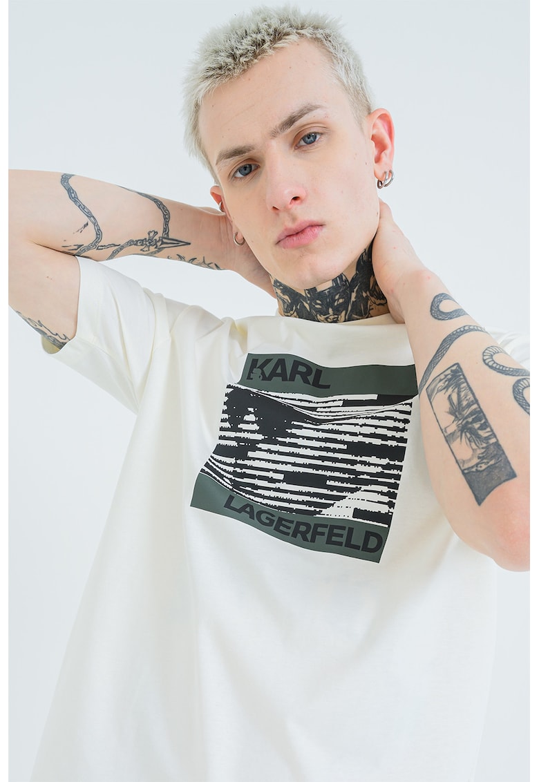 Tricou din bumbac cu imprimeu logo - Crem