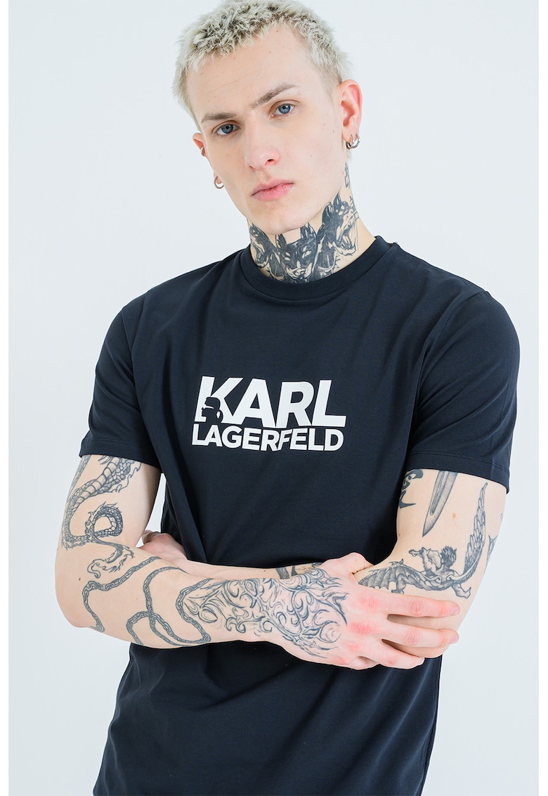 Tricou cu decolteu la baza gatului si logo - Albastru ultramarin