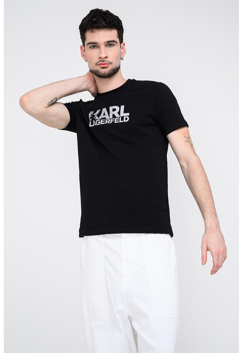 Tricou cu decolteu la baza gatului si logo - Negru/Argintiu