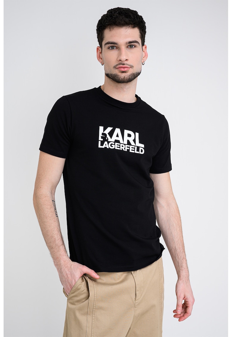 Tricou cu decolteu la baza gatului si logo - Negru