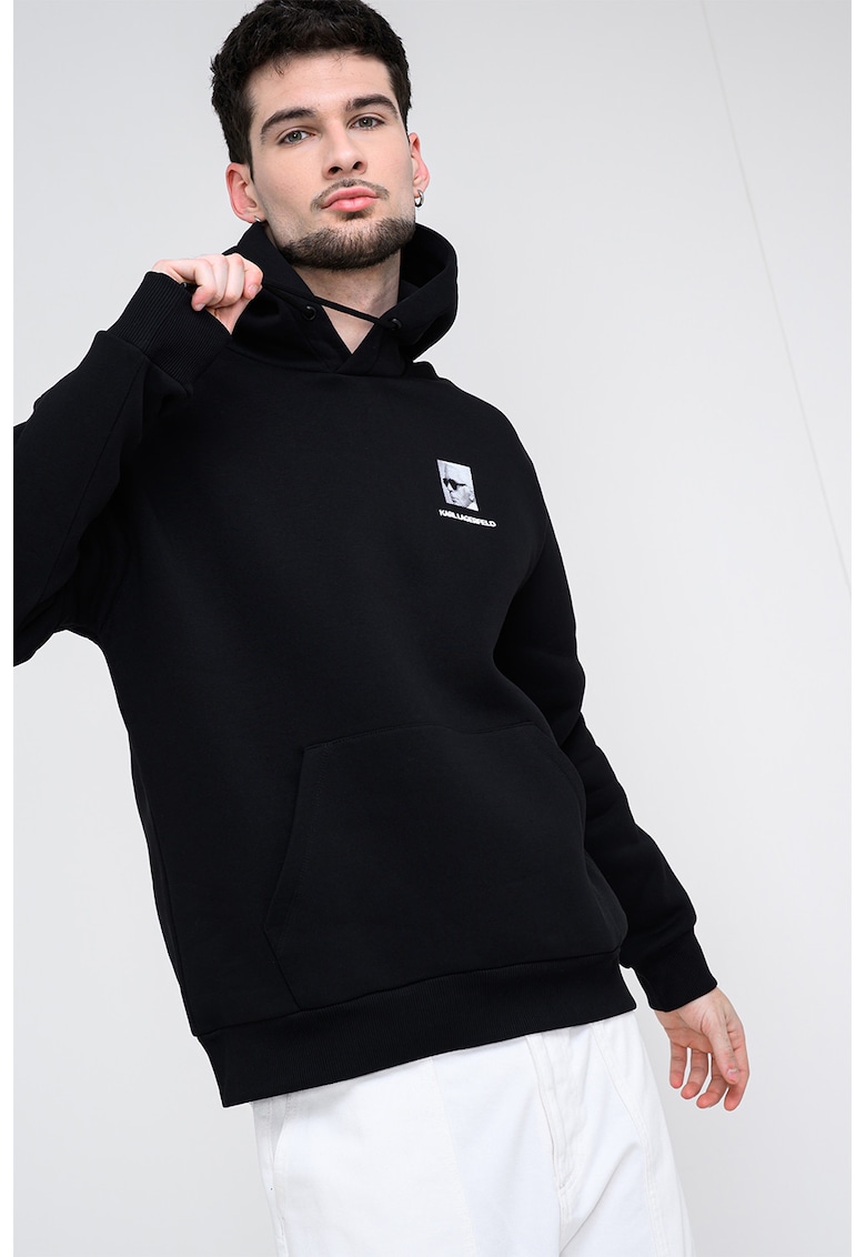 Hanorac cu imprimeu si buzunar kangaroo - Negru