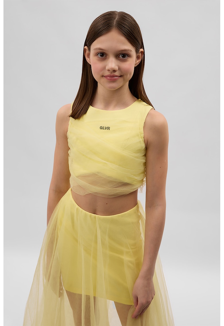 Top crop din tul cu detaliu logo