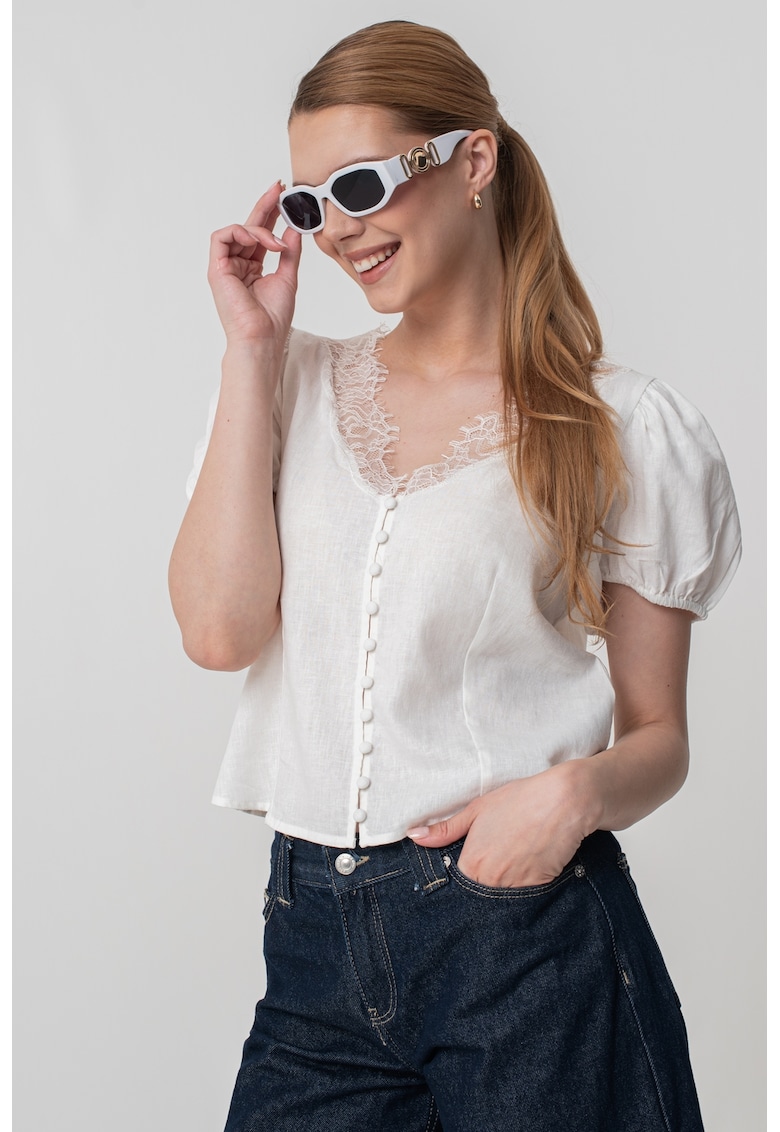 Bluza din amestec de in cu maneci scurte